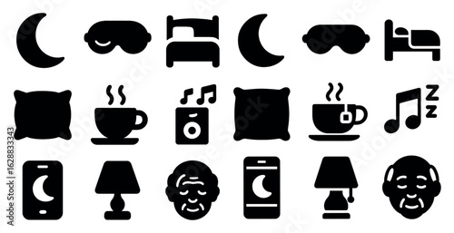 Sleep and relaxation silhouette icons set – restful, soothing bedtime symbols