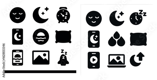 Nighttime and sleep filled icons set – solid, silhouette, bedtime and dream symbols