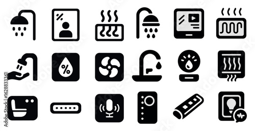 Bathroom and hvac solid icons set – filled, silhouette, heating and plumbing symbols