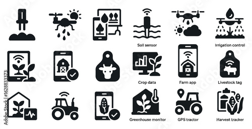 Smart farming solid icons set – agriculture, irrigation, and crop monitoring symbols
