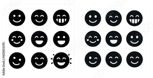 Smiley face silhouette icons set – solid, filled, happiness and emotion symbols