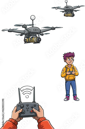 Remote controlled drone flying with young boy operating controller in casual clothing illustration