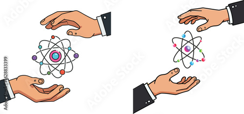 Hands holding atomic model illustrations with electrons orbiting nucleus concept of science and physics education