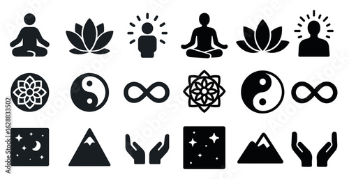Wellness and meditation silhouette icons set – holistic, calm, mindfulness symbols