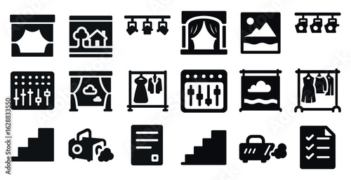 Theater and stage solid icons set – flat, filled, performance and production symbols