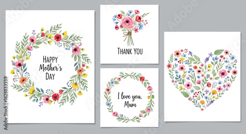 Vector illustration of set of four watercolor floral greeting cards for mothers day and general greetings, featuring a wreath, bouquet, and heart shape, isolated on white background