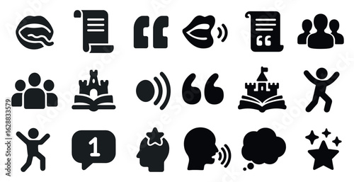 Communication and social solid icons set – filled, dialogue and interaction symbols