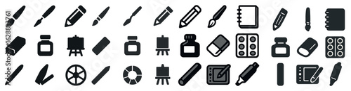 Art tools solid icons set – filled, sketch and creative design elements