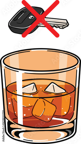 Glass of whiskey with ice cubes and crossed out car key symbol indicating no drinking and driving message safety awareness