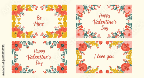 Vector illustration of collection of four valentines day greeting cards with floral borders and romantic messages like be mine and i love you