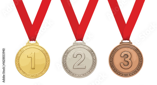 Vector illustration of gold, silver, and bronze medals with red ribbons, representing first, second, and third place winners in a competition, isolated on white background