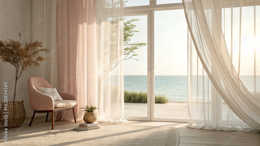Fototapeta premium Serene Coastal Living Room with Natural Light and Ocean View