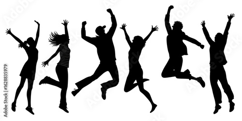 Celebration silhouettes of jumping people expressing joy and success in a group of friends together on transparent background