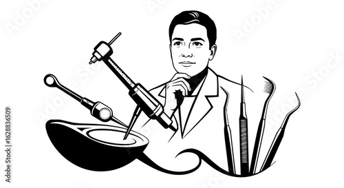 Illustration of a dentist with dental tools including a drill, mirror, and scaler in black and white