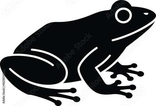 Simple black silhouette of a frog with large eyes and webbed feet on a white background