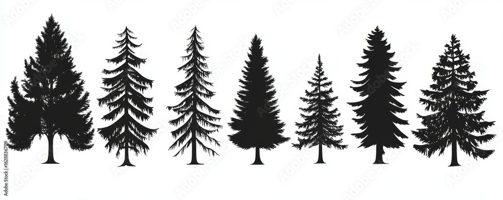 Obraz premium A flat black template is used for the modern set of a pinetree forest silhouette with oak trees