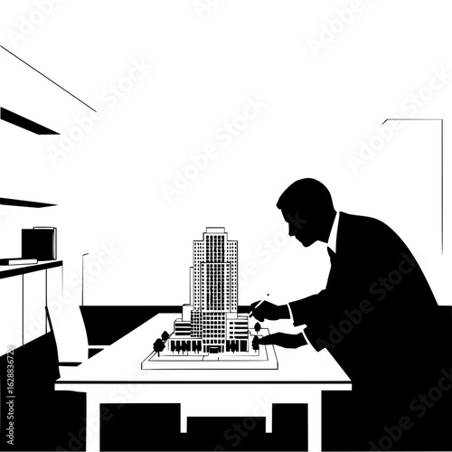 Silhouette of an architect working on a building model in a minimalist office environment setting design