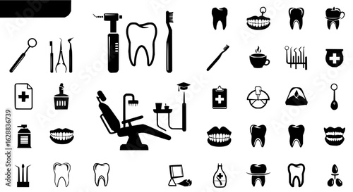 Illustration showing various dental related icons including teeth tools chair and other dental equipment