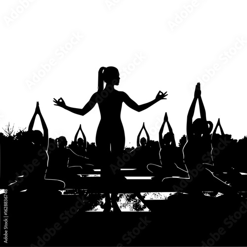 Silhouette of yoga instructor leading a group class in an outdoor setting with a bright white background