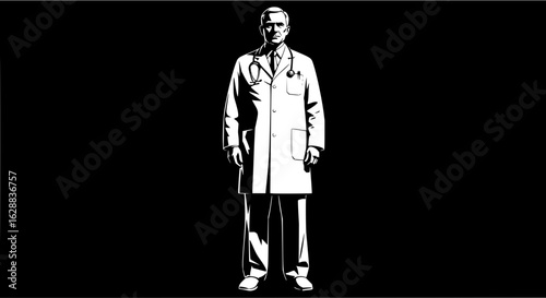Illustration of a doctor in white coat with stethoscope on a black background in monochrome style