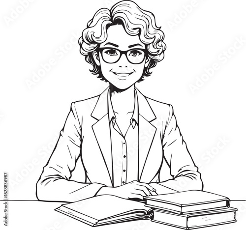 Teacher in a Line Art: A detailed line drawing of a smiling teacher at her desk, showcasing books and a focused gaze, illustrating education and mentorship.