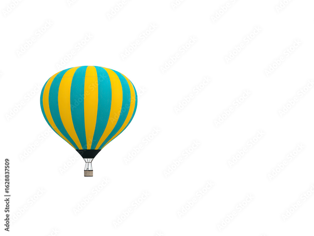 Fototapeta premium Vibrant hot air balloon with blue and yellow stripes floats gracefully against clear sky, evoking sense of adventure and freedom
