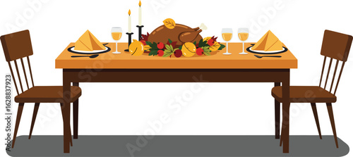 Thanksgiving dinner table with roasted turkey and candles in warm brown tones vector illustration 