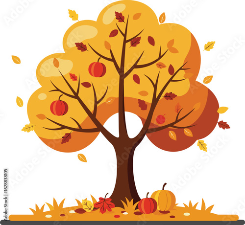Autumn tree with orange and yellow leaves and fallen foliage in flat style vector illustration 