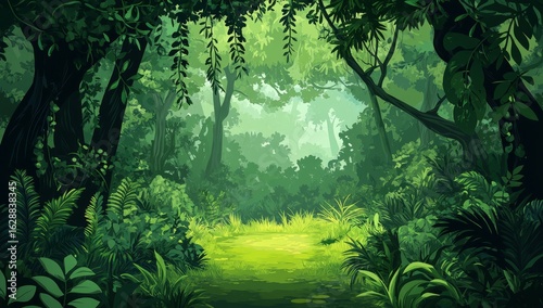 A seamless background of a deep jungle forest landscape in high quality and horizontal orientation