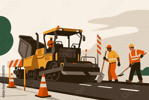 Vector of road construction scene with asphalt paver, traffic cones, workers with shovels, and heavy machinery in background.