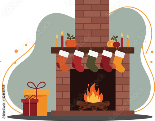 Cozy brick fireplace with burning fire and Christmas stockings hanging on mantel vector illustration 