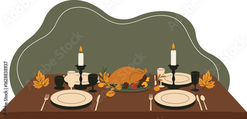 Thanksgiving dinner table setting with roasted turkey candles and autumn leaves vector illustration 
