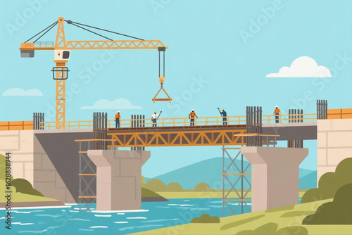Illustration of bridge construction over river with workers, steel rebars, scaffolding, and large crane, flat vector style.