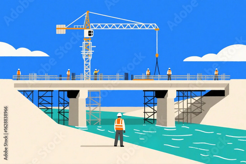 Illustration of bridge construction over river with workers, steel rebars, scaffolding, and large crane, flat vector style.