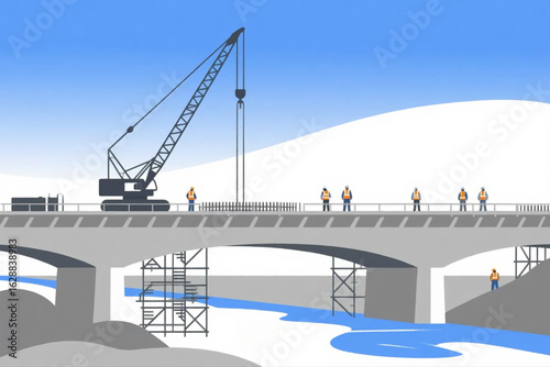 Illustration of bridge construction over river with workers, steel rebars, scaffolding, and large crane, flat vector style.