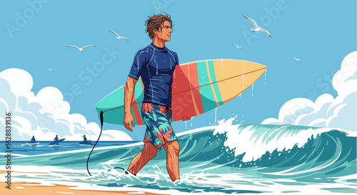 Illustration of a A summer scene with a young surfer emerging from the ocean with a colorful board. Surfer Walking Along the Shore with a Board. Tropical Beach and Waves at Sunrise