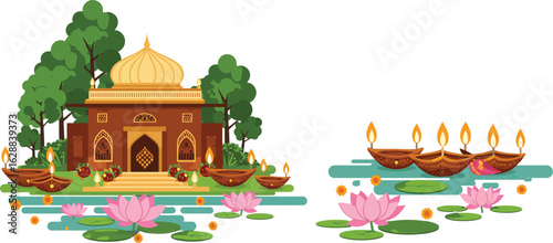 Indian Temple Diya Lamps Floating Lotus Flowers Vector Illustration for Festival Decoration 