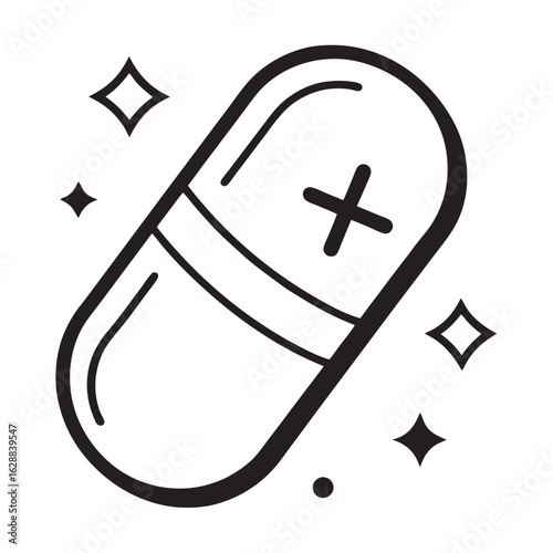 Art of stylized icon of a medical capsule with a cross symbol