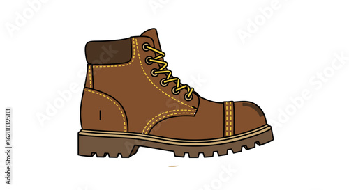 Isolated Brown Leather Work Boot with Yellow Laces on White Background