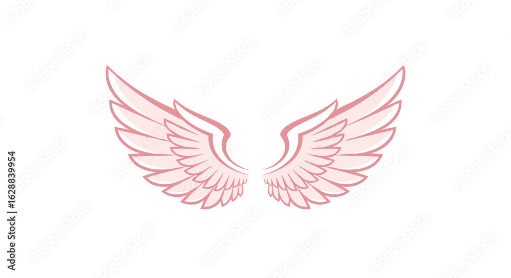 Fototapeta premium Delicate pink angel wings gracefully spread against a clean white background, evoking feelings of serenity and ethereal beauty.