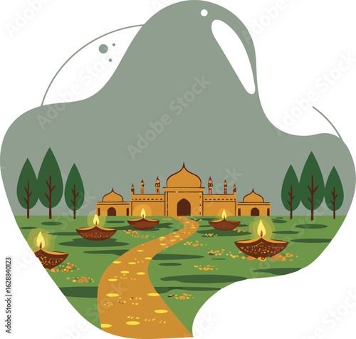 Scenic village landscape with pathway, wooden houses, pine trees, and fire pits in green nature setting 