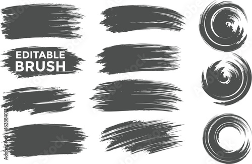 Set of virous ink brush strokes. Texture Isolated on white background. re and round freehand drawings. Ink splatters, grun painted lines, artistic design elements. Vecto paintbrush set.