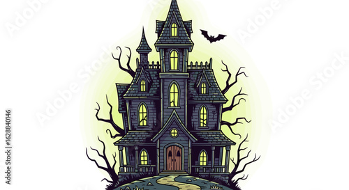 Spooky Haunted House Vector Illustration with Glowing Windows and Bare Trees against an Eerie Backdrop