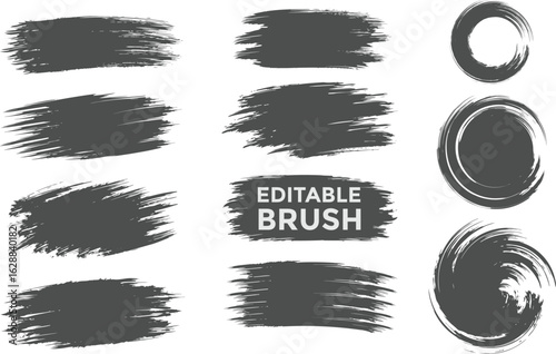 Set of virous ink brush strokes. Texture Isolated on white background. re and round freehand drawings. Ink splatters, grun painted lines, artistic design elements. Vecto paintbrush set.