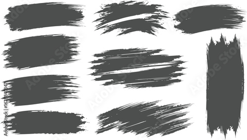 Set of virous ink brush strokes. Texture Isolated on white background. re and round freehand drawings. Ink splatters, grun painted lines, artistic design elements. Vecto paintbrush set.