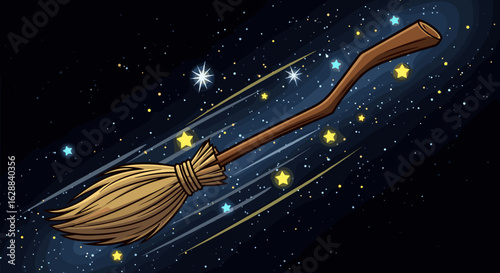 Cartoon Witch's Broom Soaring Through a Starry Night Sky, Adventure and Halloween Theme