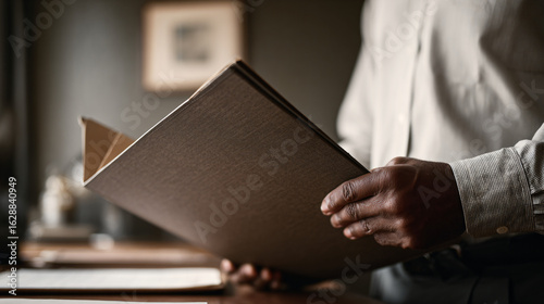 Close-up of hands holding a textured brown book or folder in a calm indoor setting