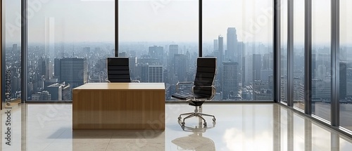 Modern office interior with desk and chairs overlooking a hazy cityscape