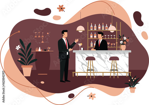 Businessman preparing for formal event in elegant restaurant interior with chandeliers and floral decorations vector illustration 