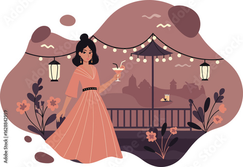 Elegant groom standing in wedding reception decorated with string lights and floral arrangements vector illustration 
